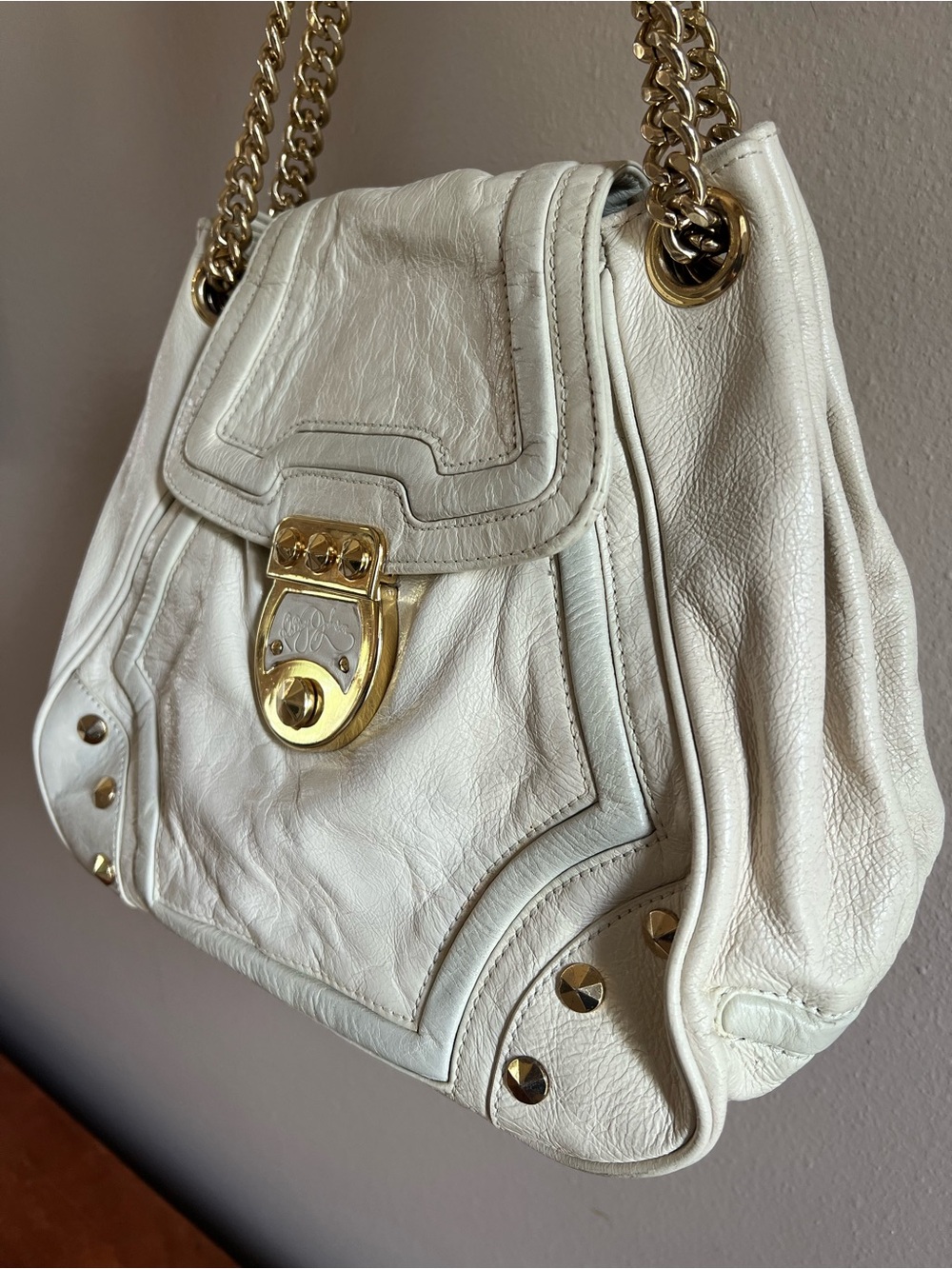 Vintage Betsey Johnson Y2K Full Grain Cow Leather Cream Gold Studs - Picture 5 of 13